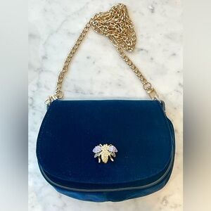 Jane August Velvet Crossbody Bag, Gold Chain, added crystal bee charm, blue, EUC